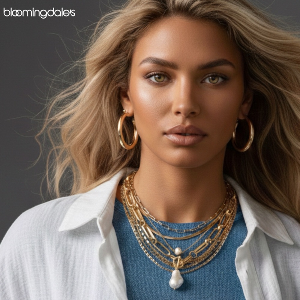 NEW Multi-Layered Cascading 14K Gold EF Necklace w/Chunky Pearl Drop Toggle